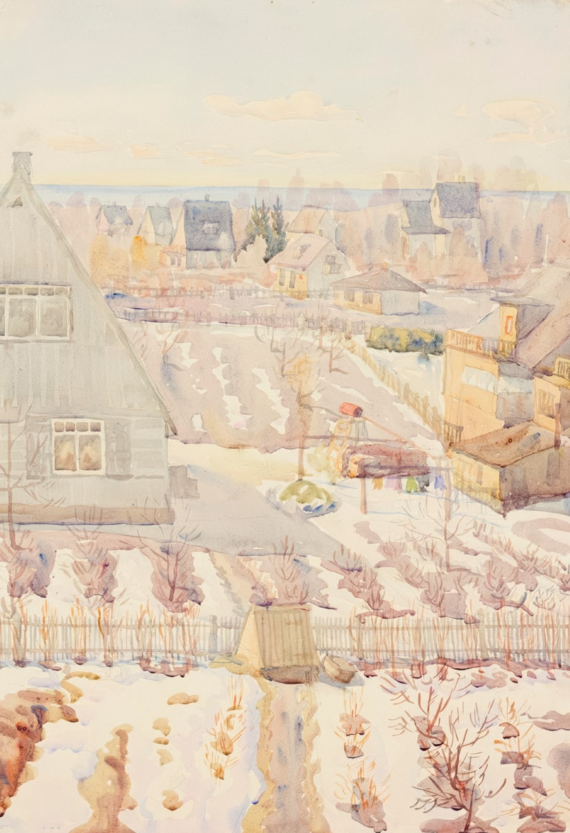 A painting of a house in the snow